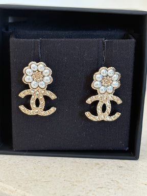 Chanel Gold Tone Crystal and Pearl CC Earrings