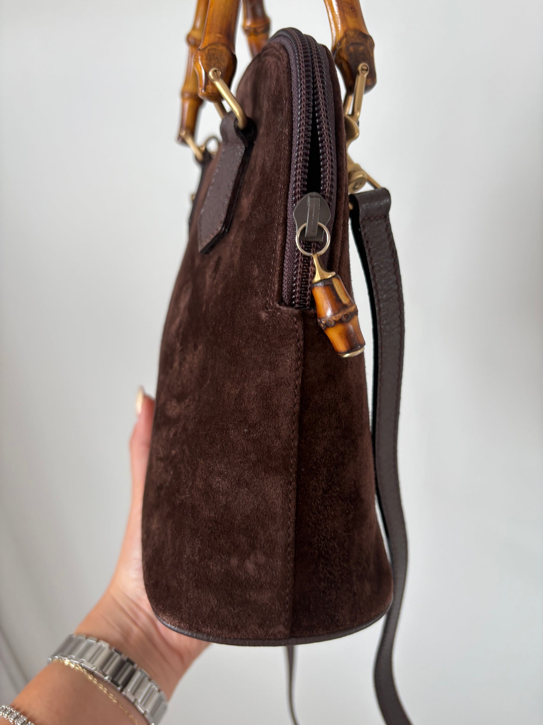 Gucci Brown Suede Bamboo Handle 'Dome' Bag