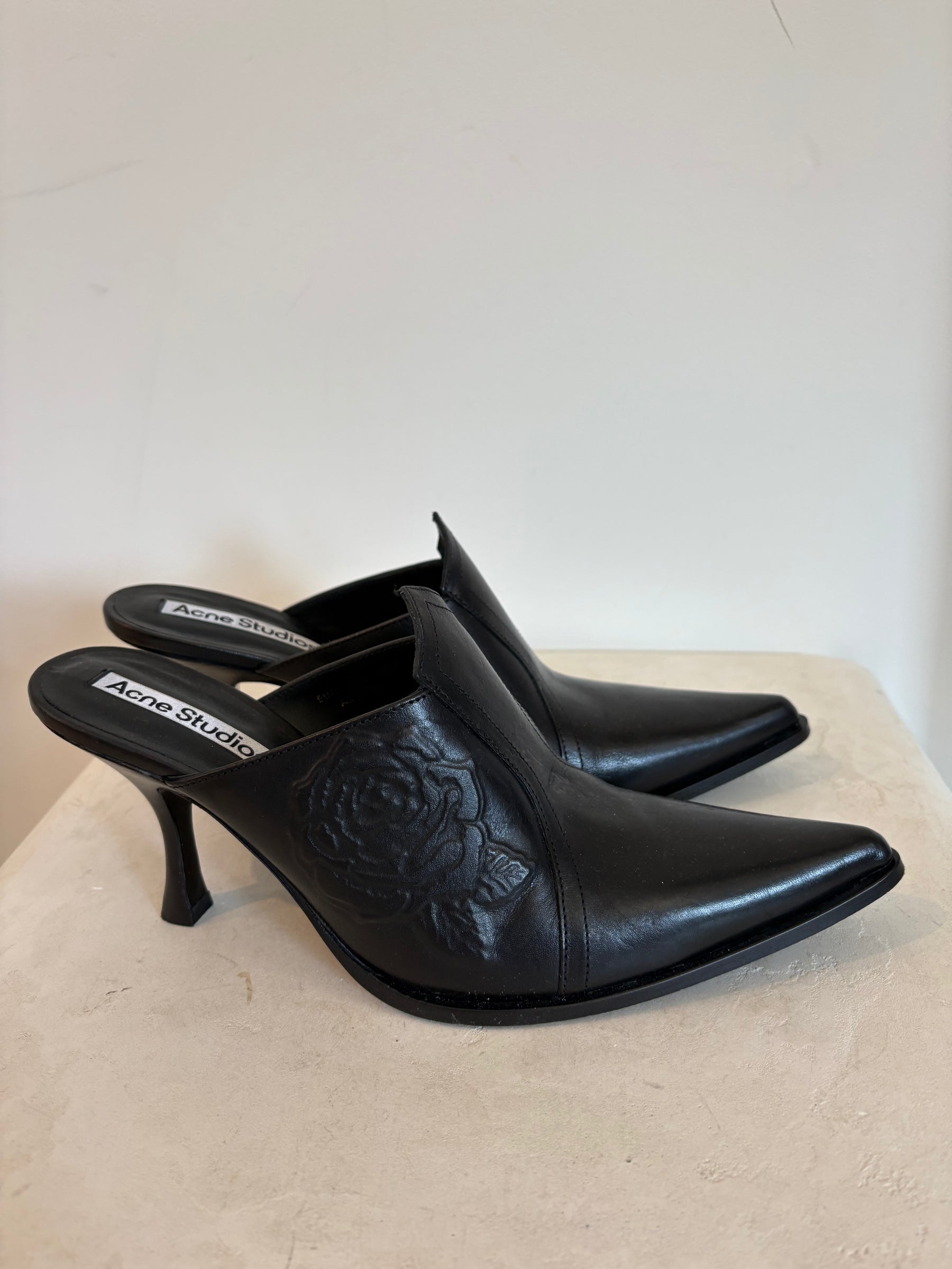 Acne Studios Black Leather Rose Embossed Mule Heels, 40