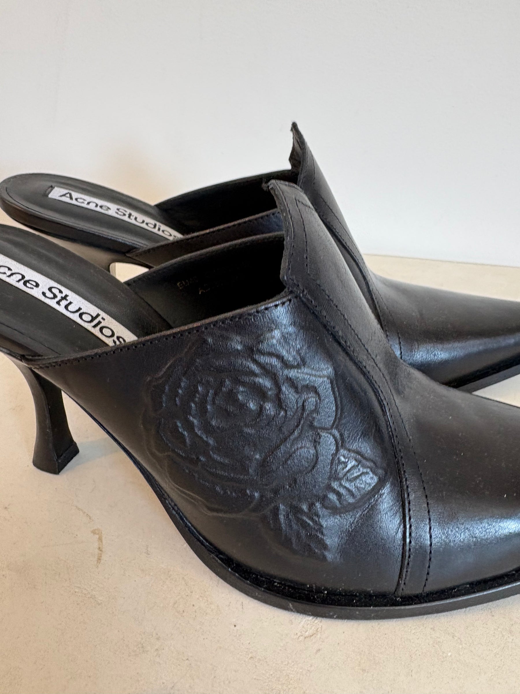 Acne Studios Black Leather Rose Embossed Mule Heels, 40
