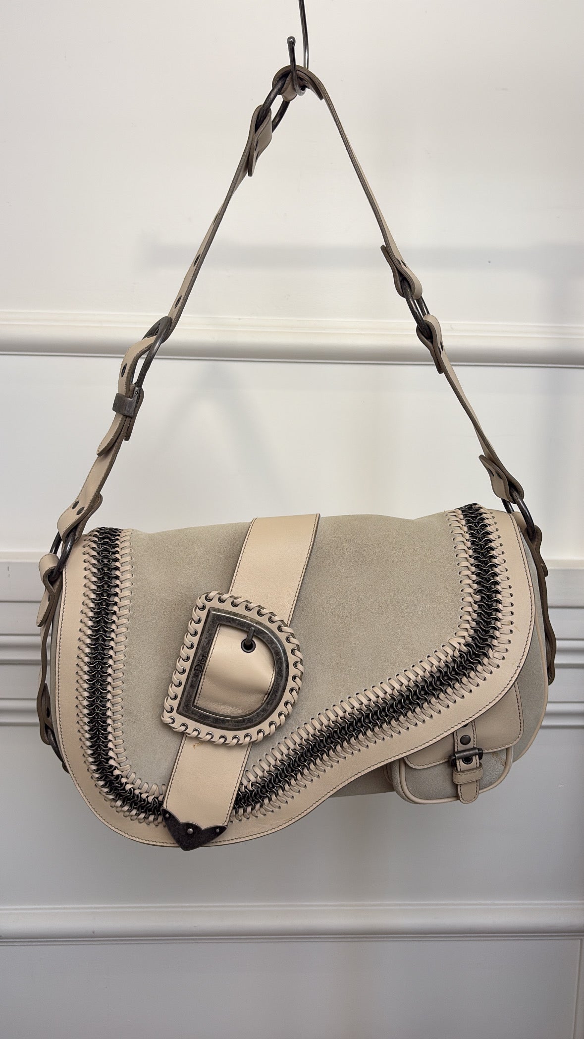 Dior Grey and Beige Suede and Leather Gaucho Saddle Bag