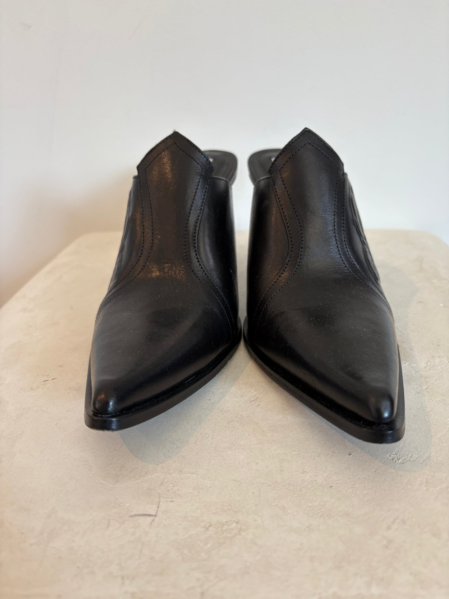 Acne Studios Black Leather Rose Embossed Mule Heels, 40