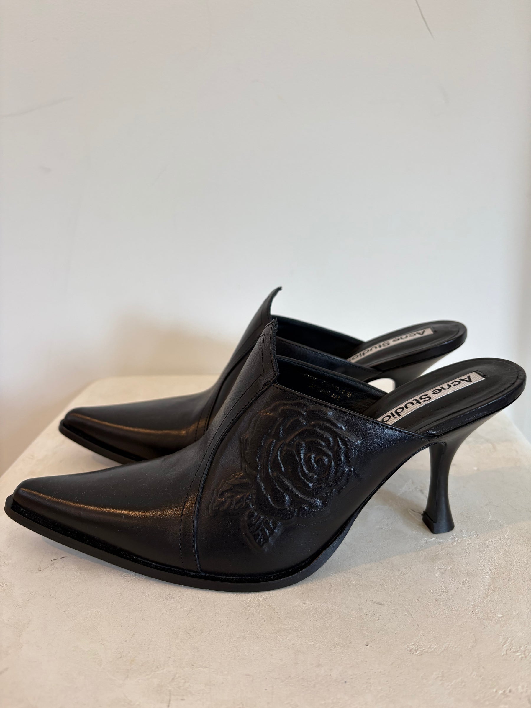 Acne Studios Black Leather Rose Embossed Mule Heels, 40
