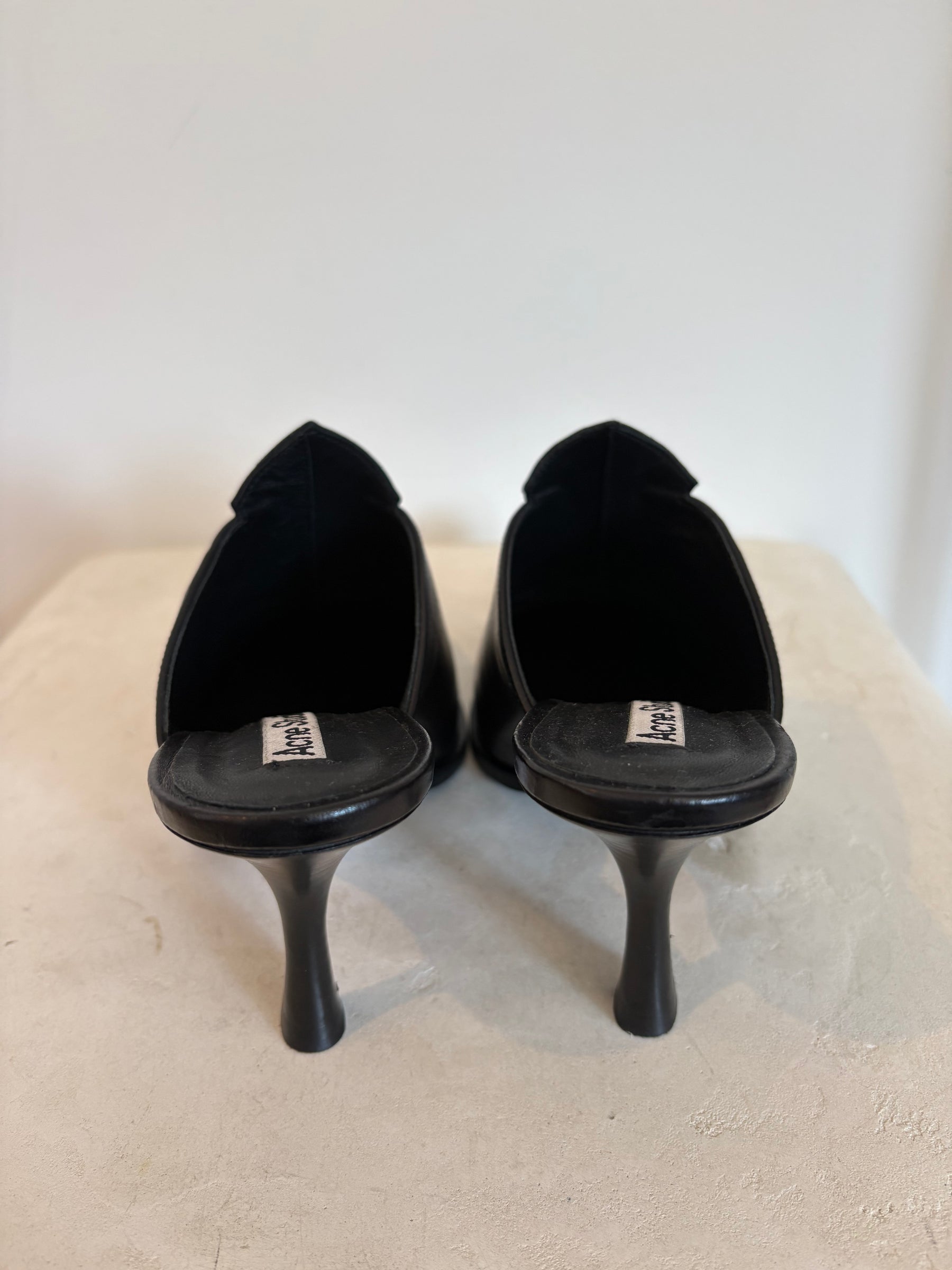 Acne Studios Black Leather Rose Embossed Mule Heels, 40