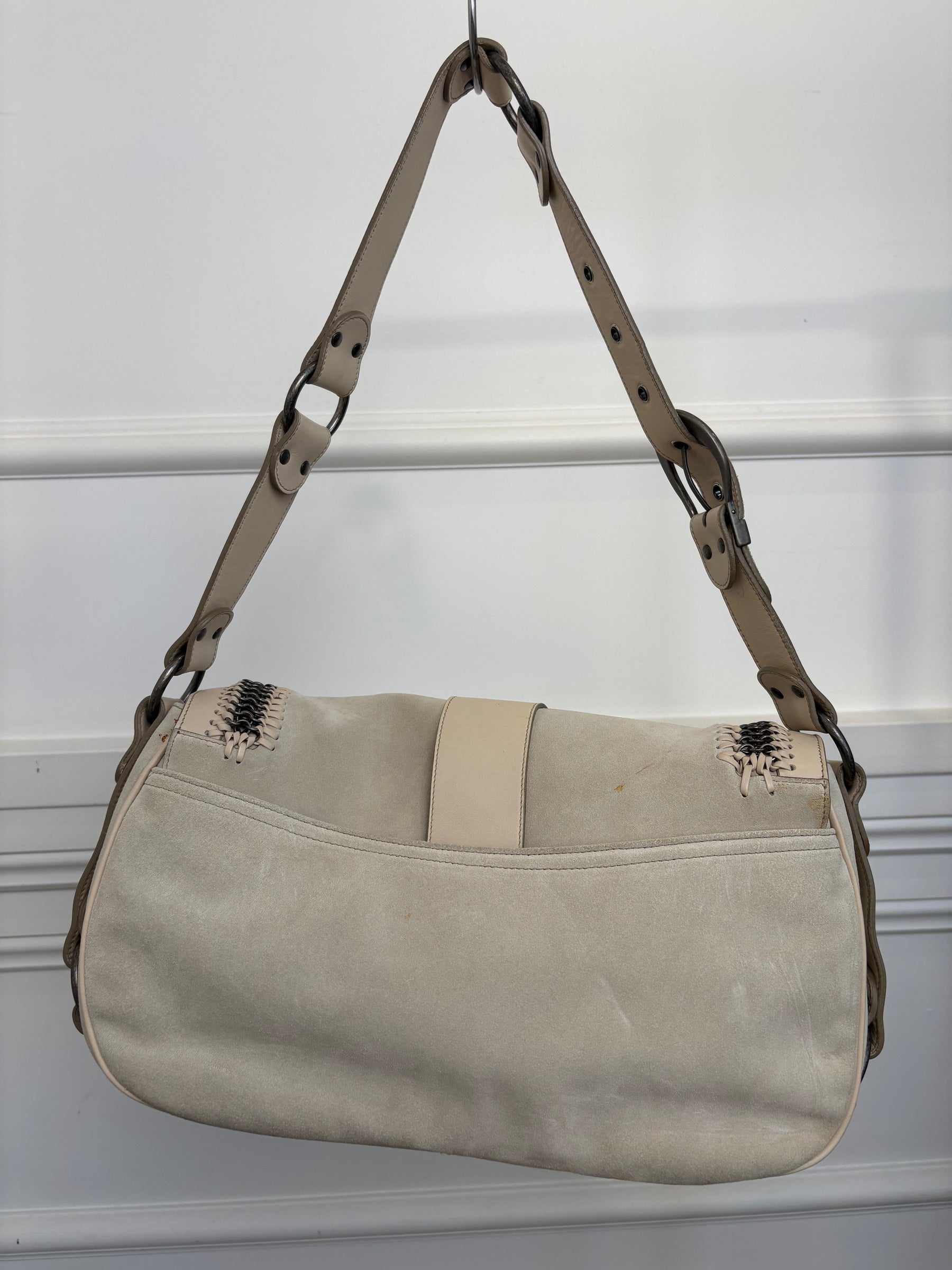Dior Grey and Beige Suede and Leather Gaucho Saddle Bag