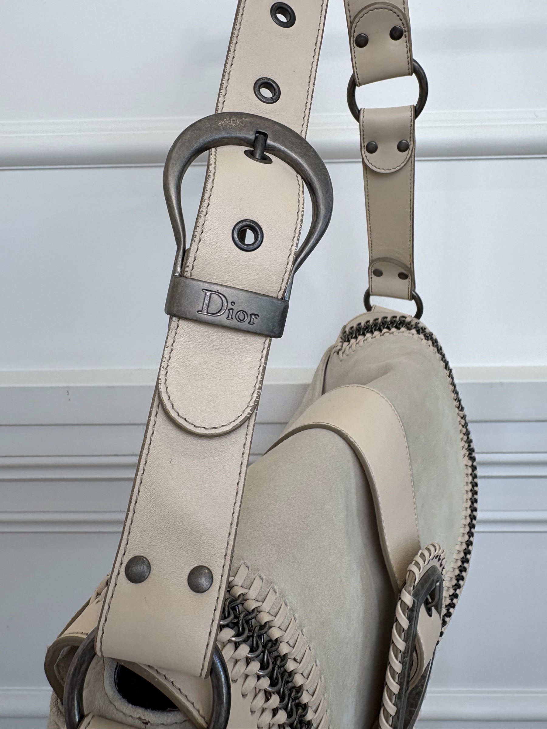 Dior Grey and Beige Suede and Leather Gaucho Saddle Bag