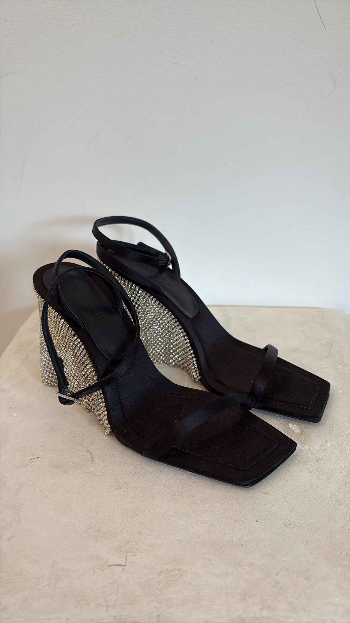Kate Cate Black Satin Crystal Fringed Stilleto, 40