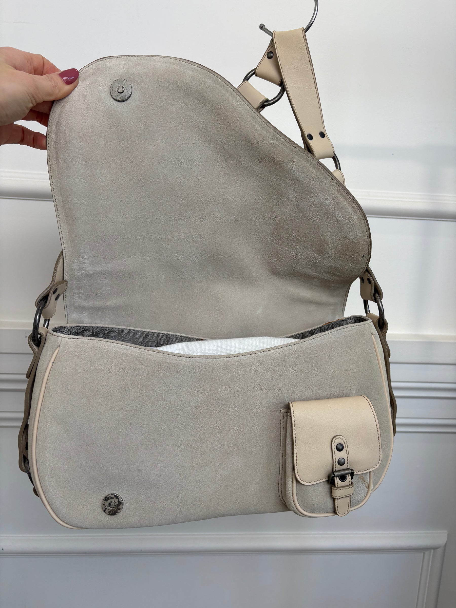 Dior Grey and Beige Suede and Leather Gaucho Saddle Bag