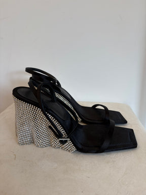 Kate Cate Black Satin Crystal Fringed Stilleto, 40