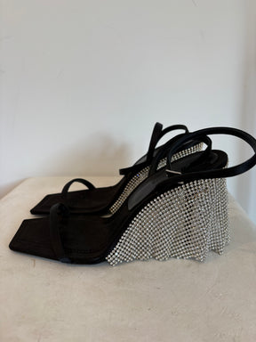 Kate Cate Black Satin Crystal Fringed Stilleto, 40