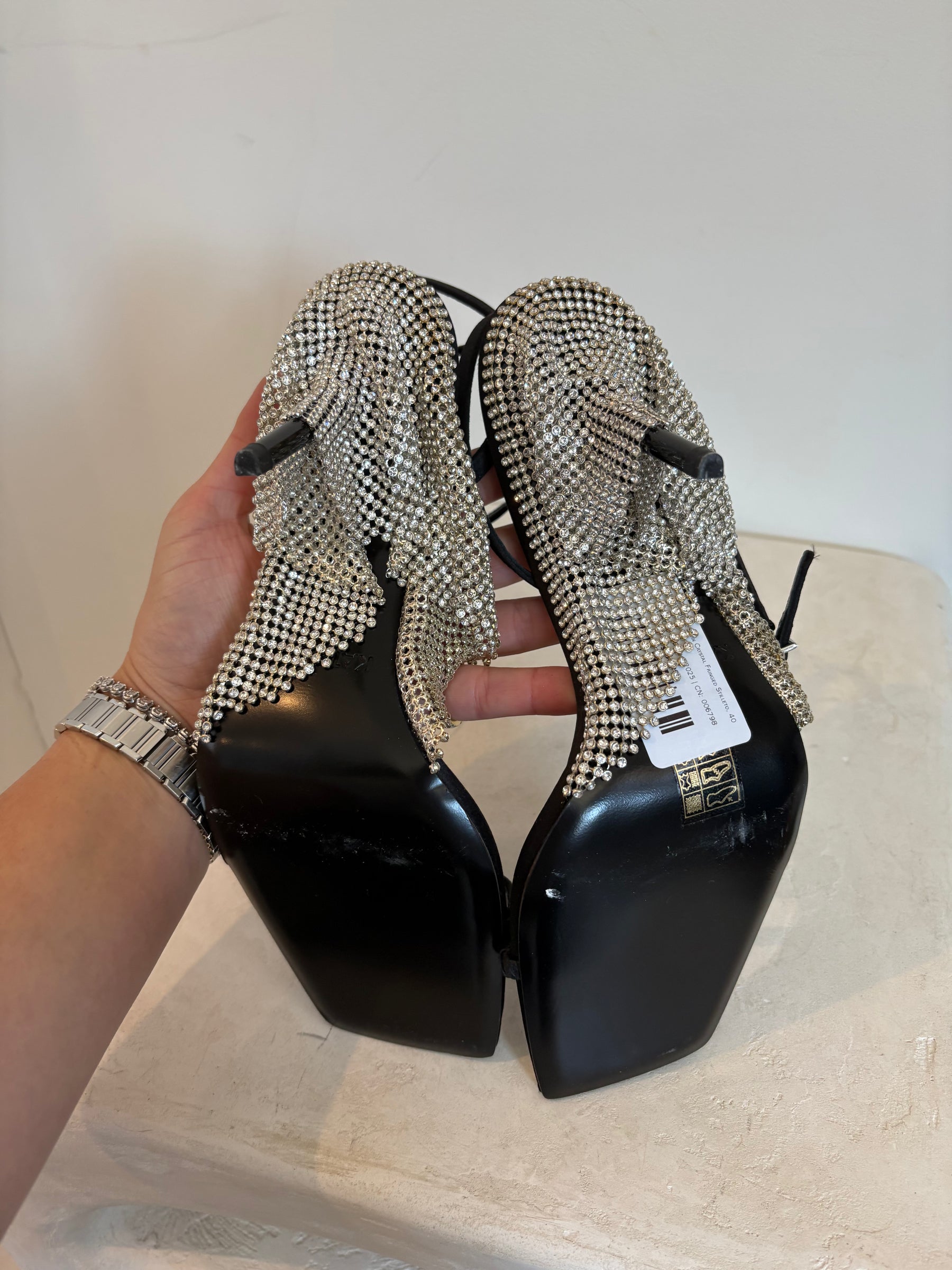 Kate Cate Black Satin Crystal Fringed Stilleto, 40