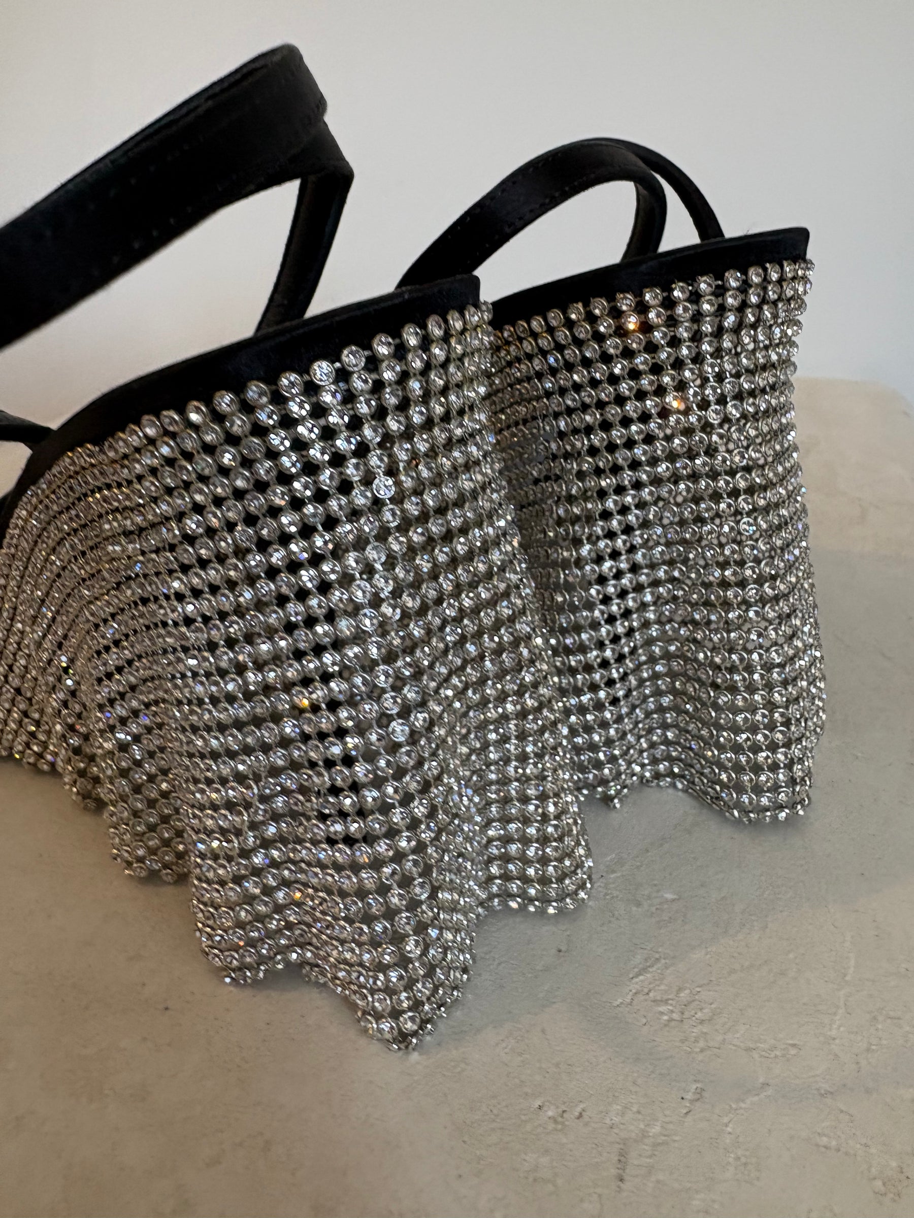 Kate Cate Black Satin Crystal Fringed Stilleto, 40