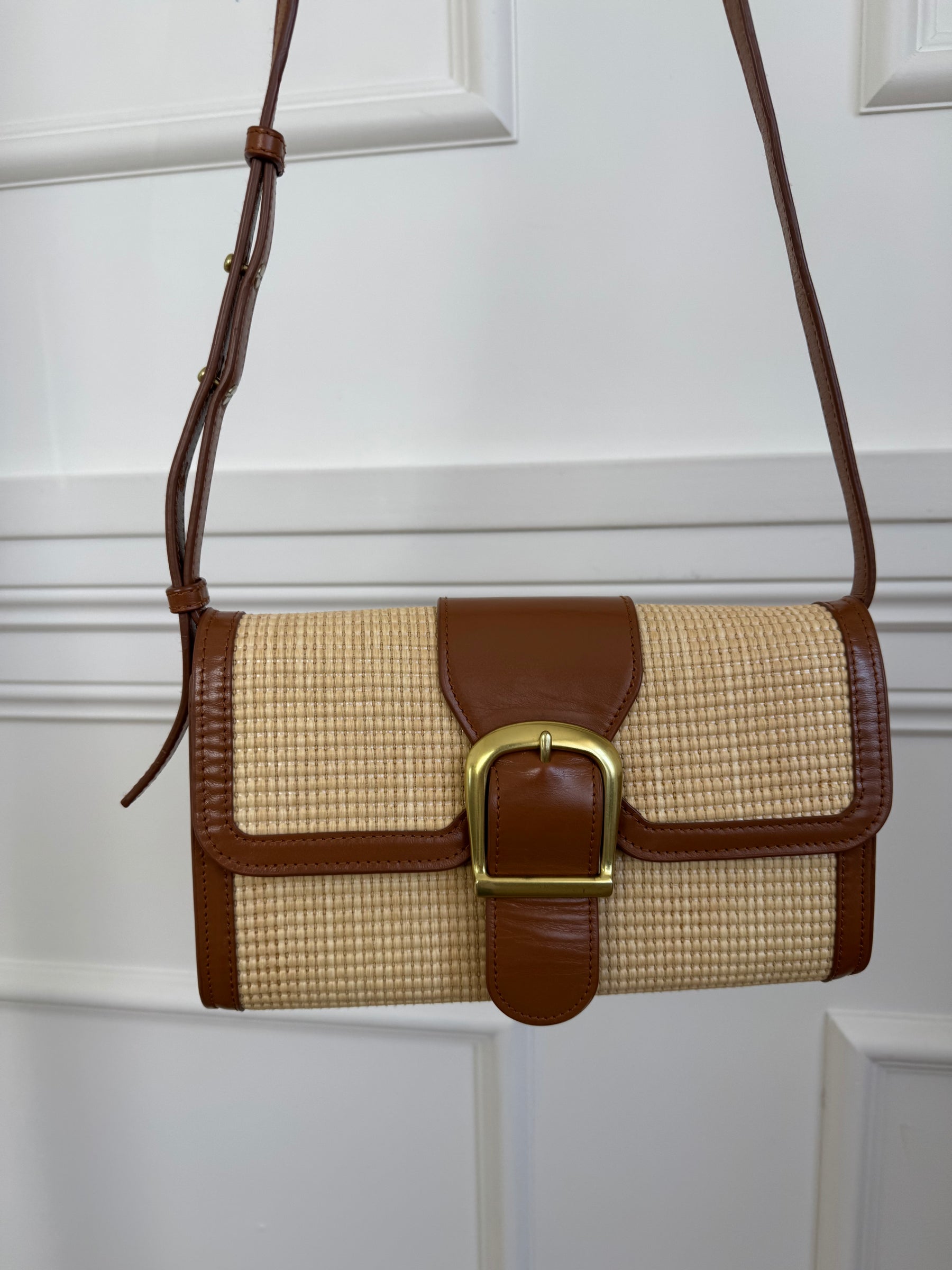 Rylan Raffia and Tan Leather Satchel Bag