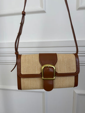 Rylan Raffia and Tan Leather Satchel Bag