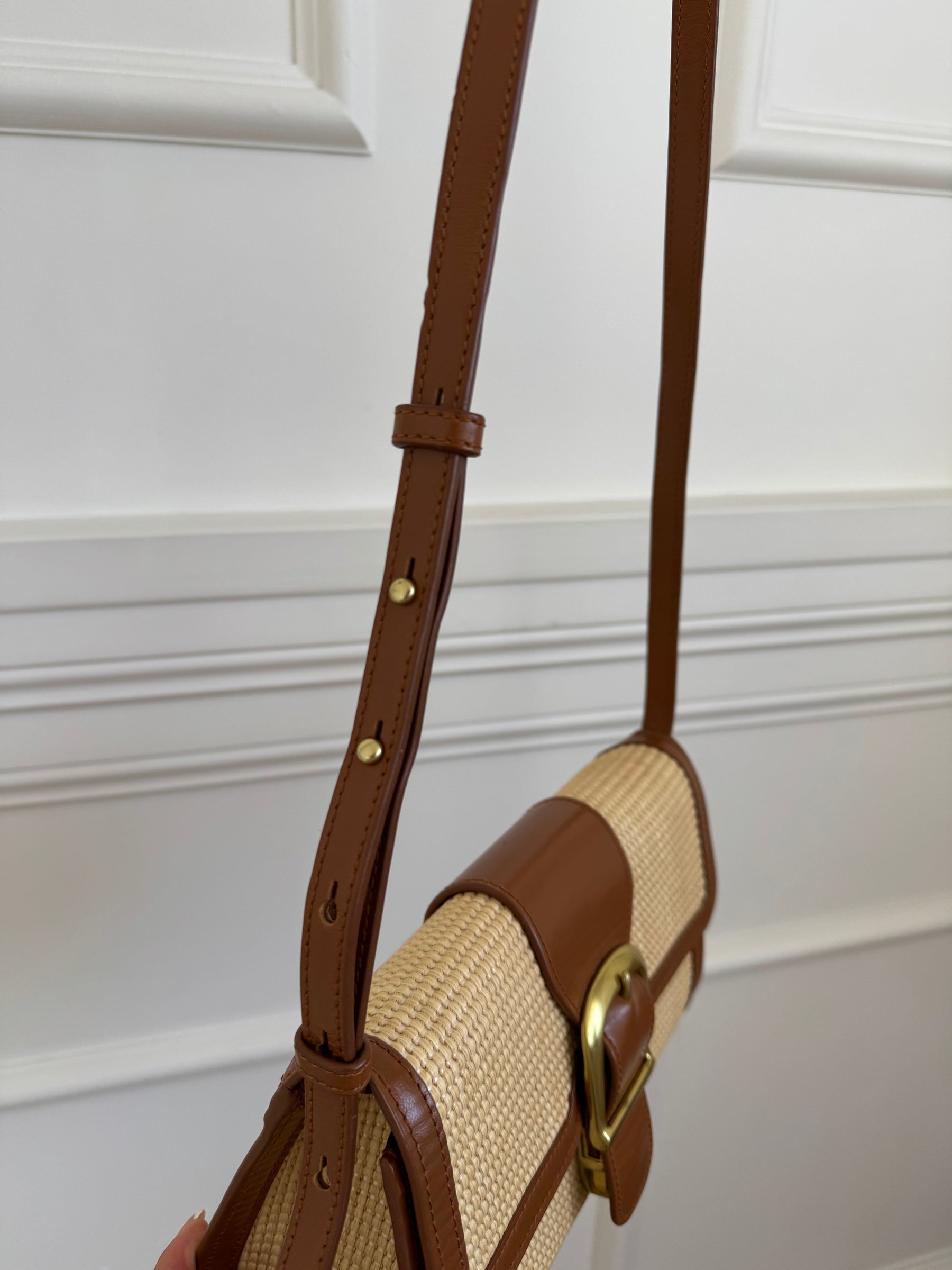 Rylan Raffia and Tan Leather Satchel Bag