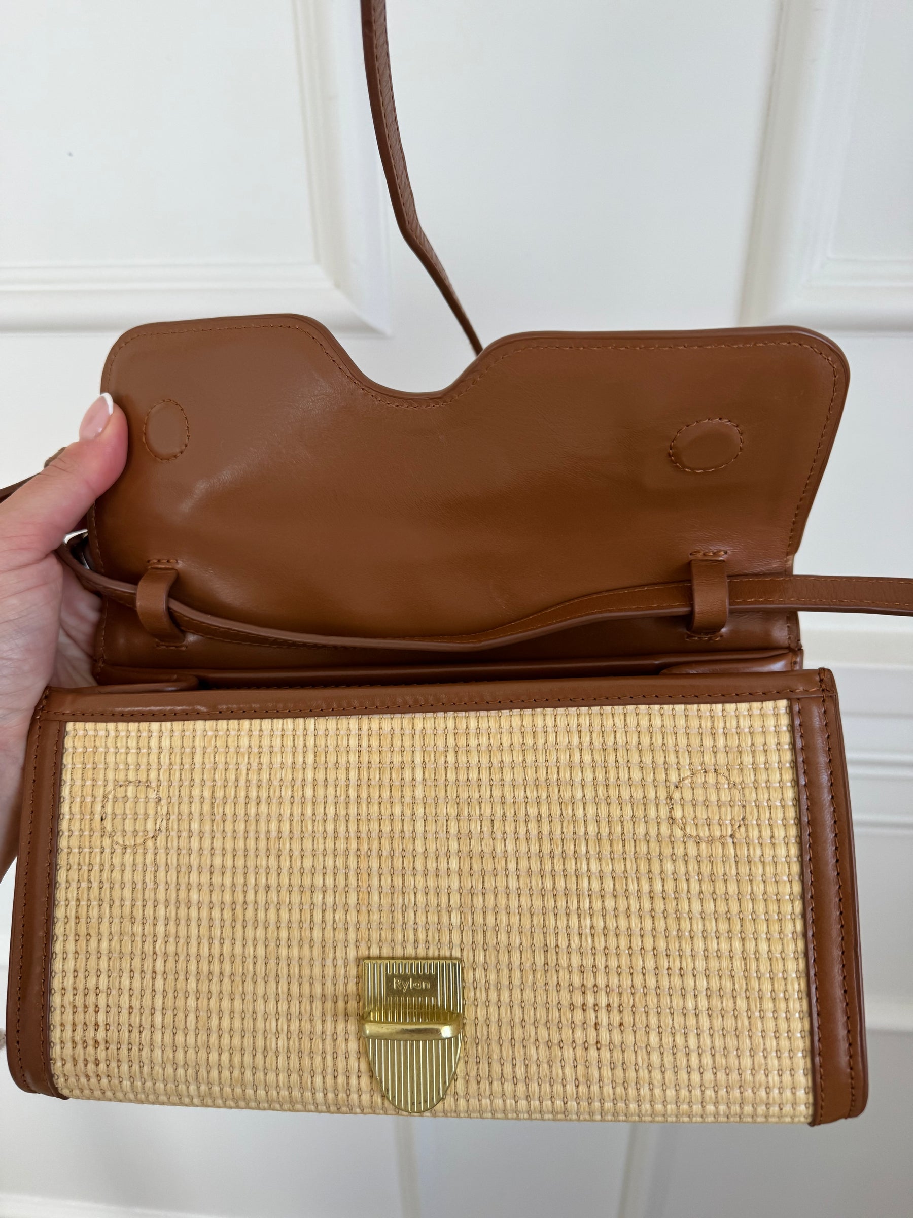 Rylan Raffia and Tan Leather Satchel Bag