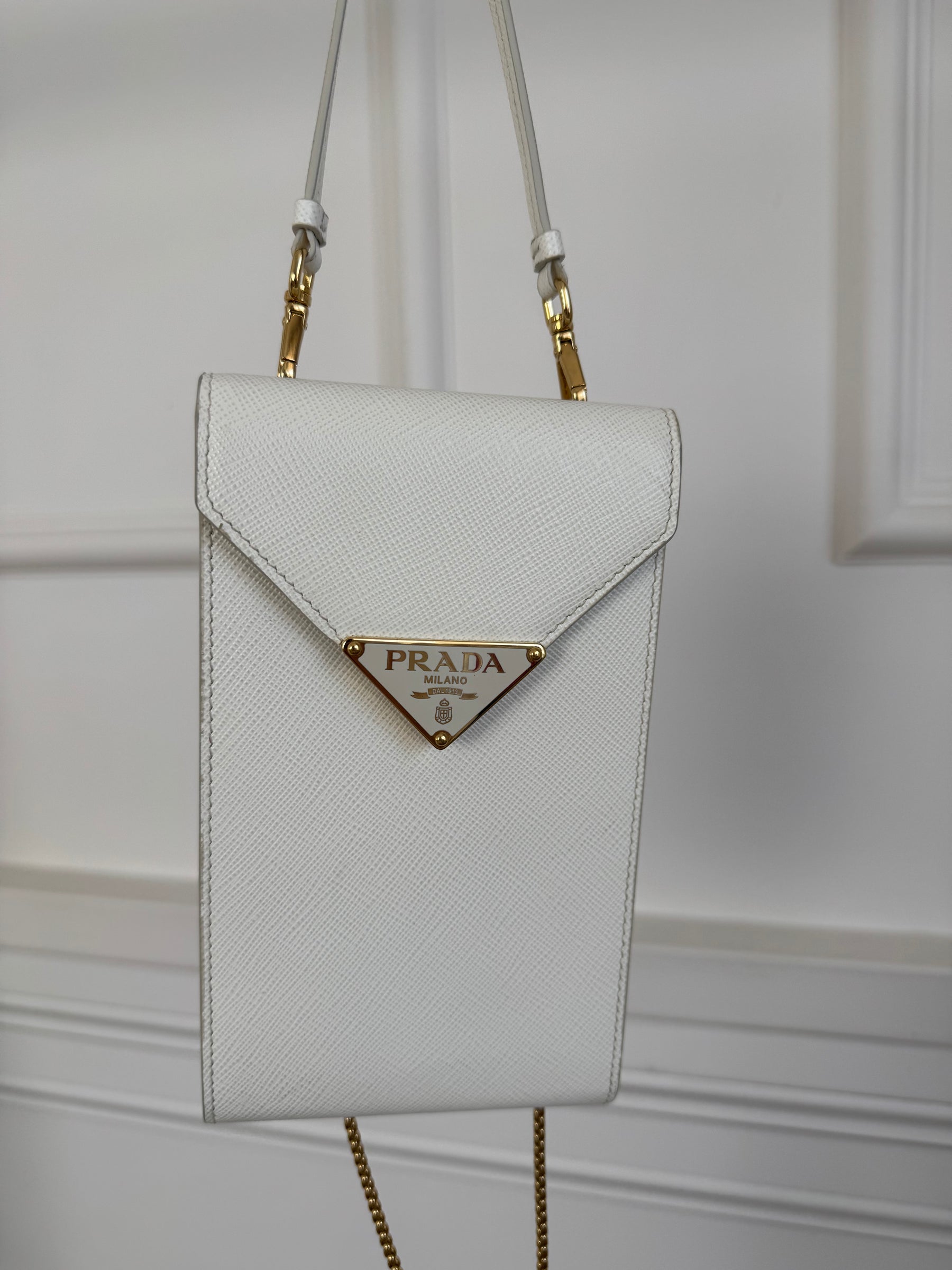 Prada Mini Saffiano Triangle Crossbody Phone Bag White
