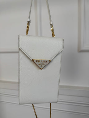 Prada Mini Saffiano Triangle Crossbody Phone Bag White