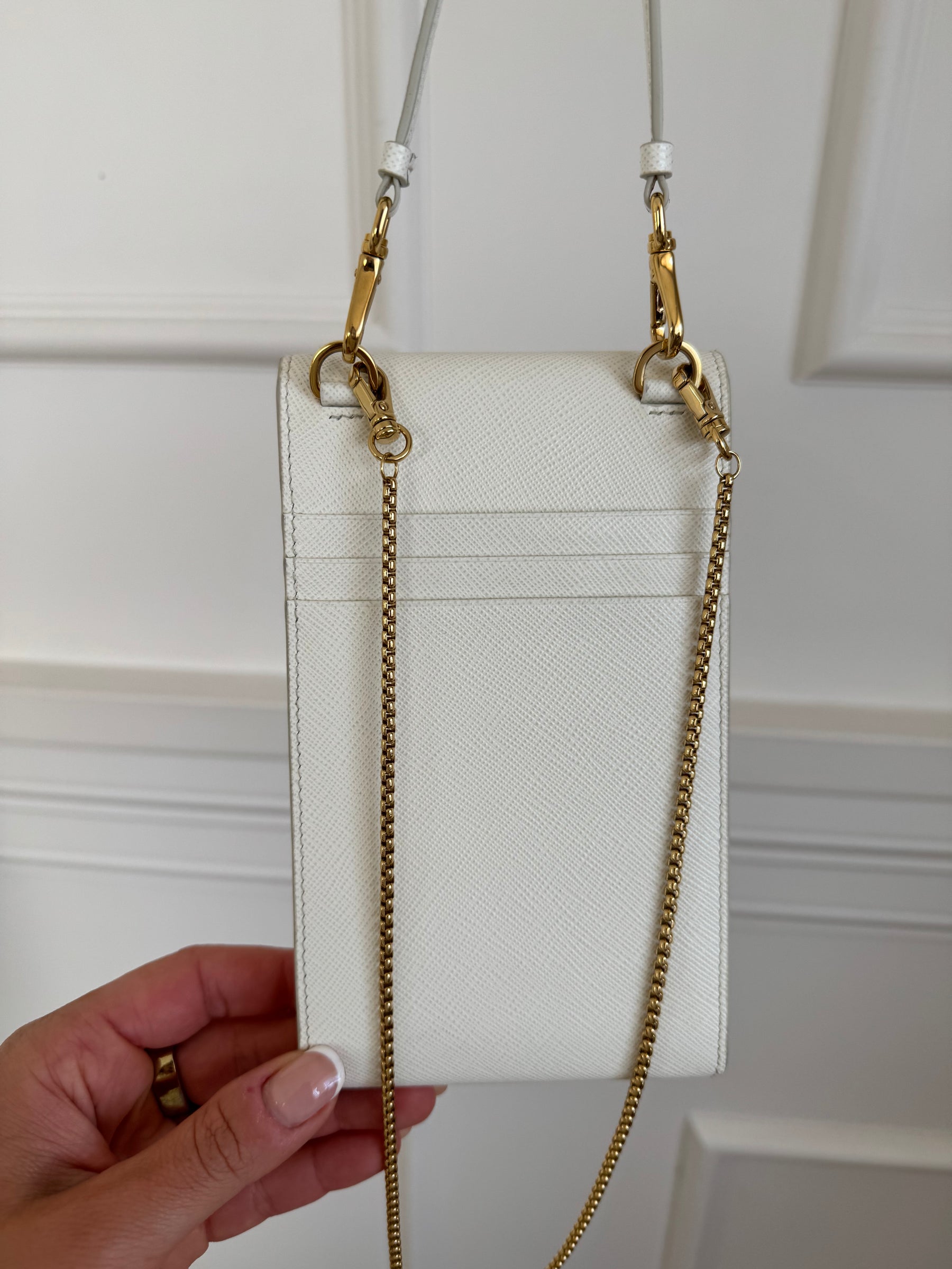Prada Mini Saffiano Triangle Crossbody Phone Bag White