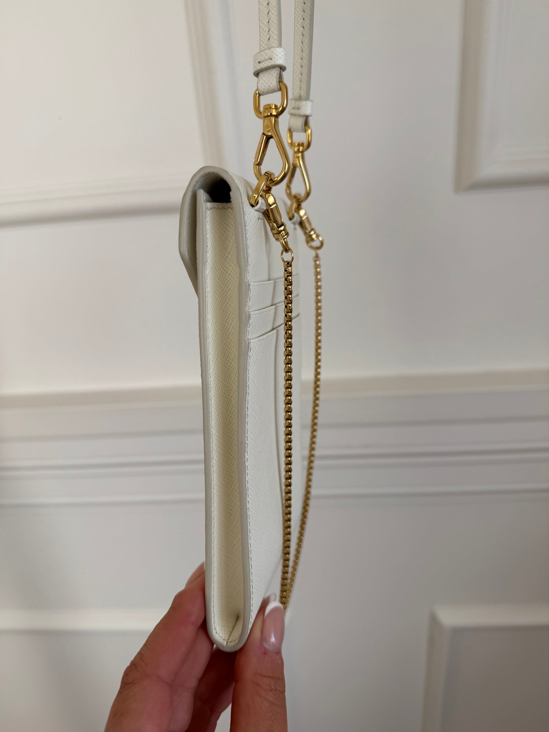 Prada Mini Saffiano Triangle Crossbody Phone Bag White