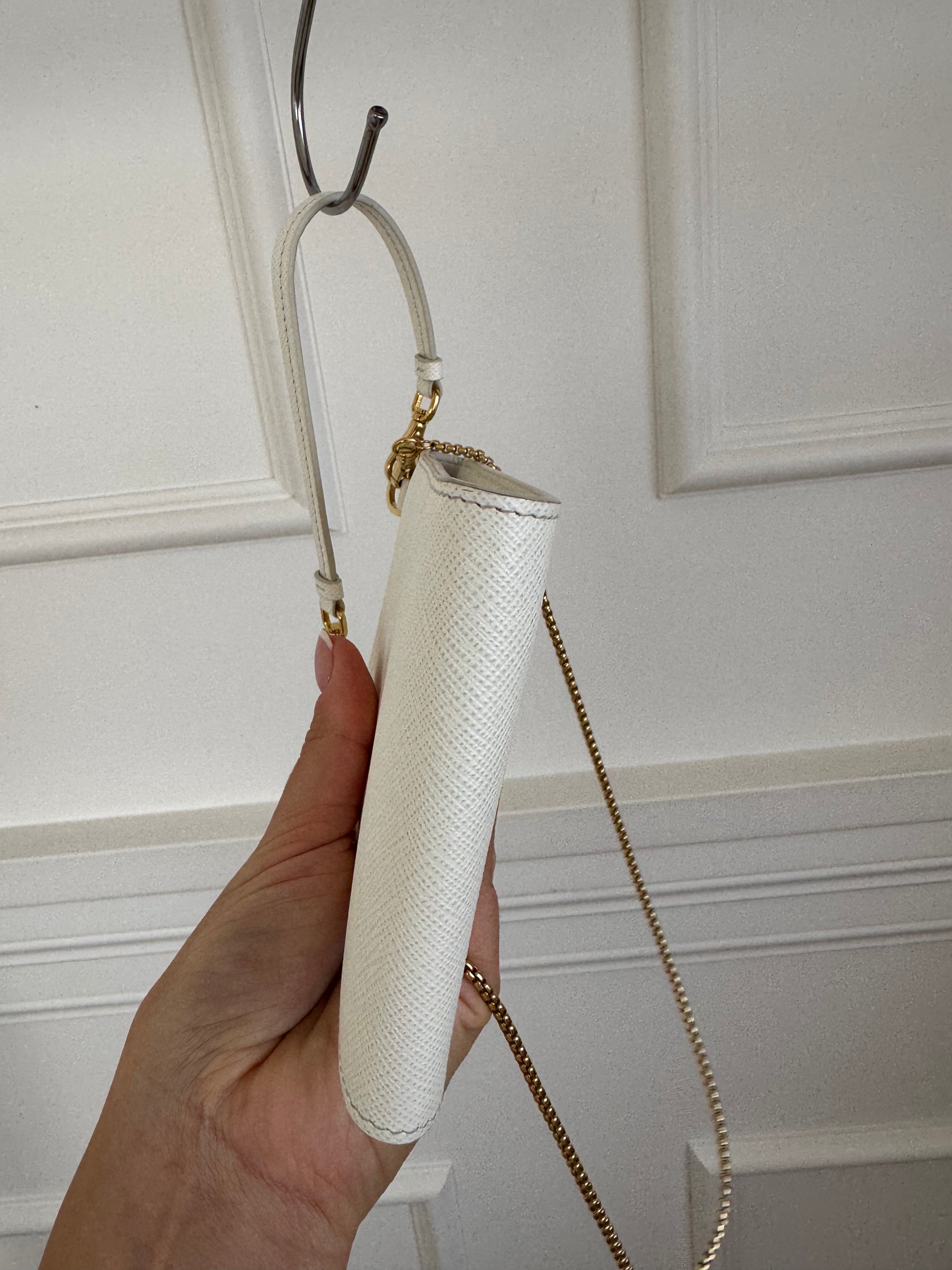 Prada Mini Saffiano Triangle Crossbody Phone Bag White