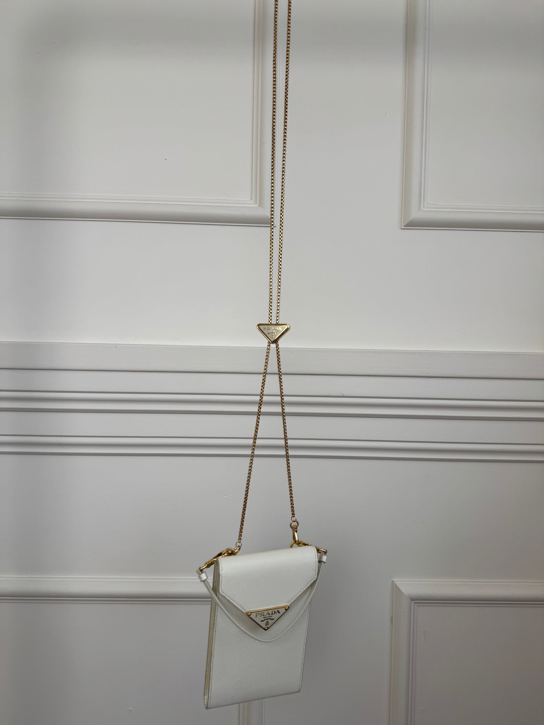 Prada Mini Saffiano Triangle Crossbody Phone Bag White