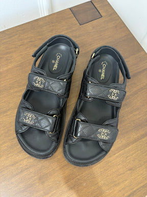 Chanel Black Caviar Leather Dad Sandals, 37.5 C