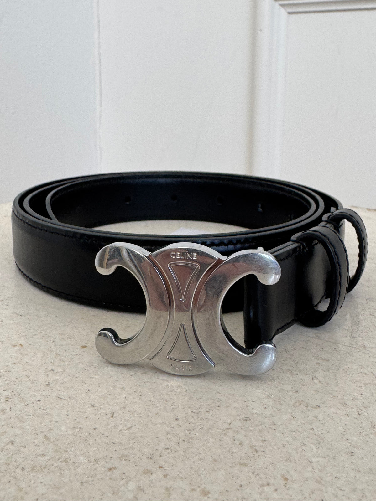 Celine Black Leather Silver Triomphe Belt, 95