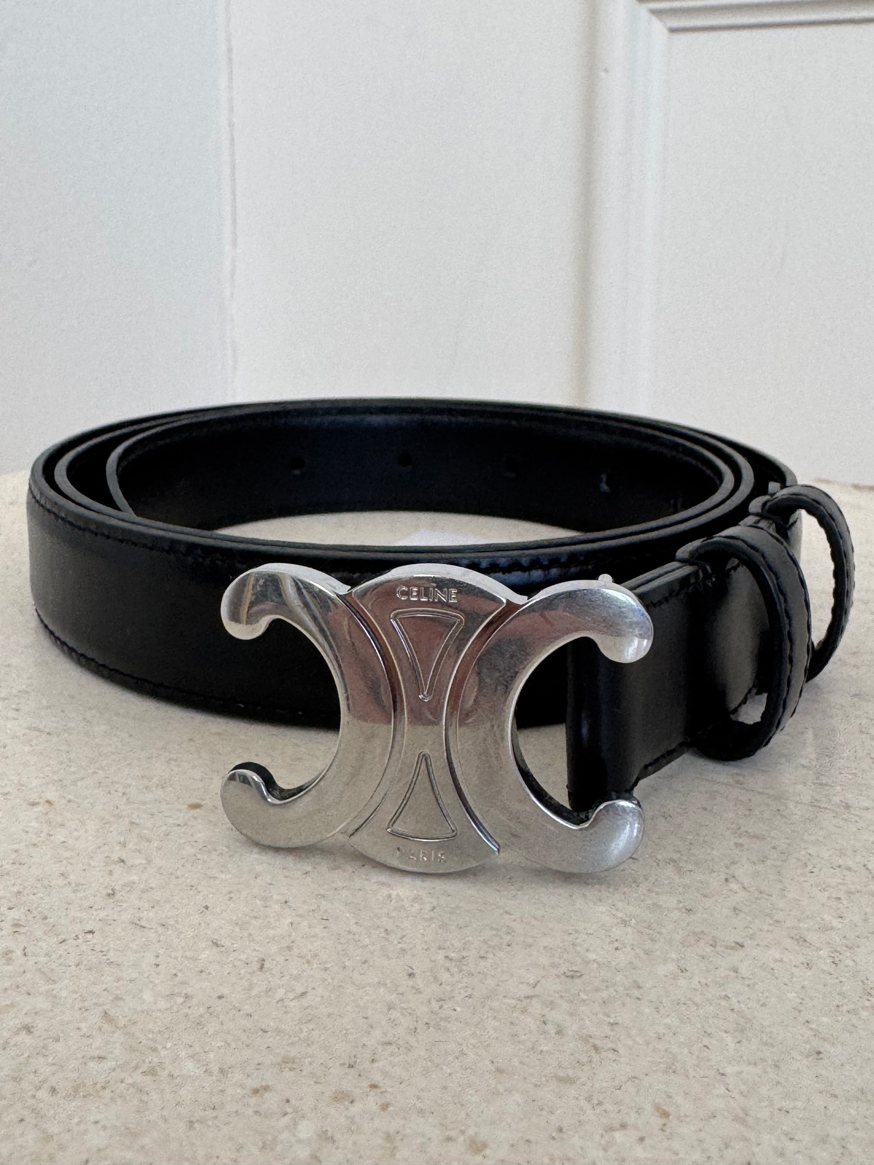 Celine Black Leather Silver Triomphe Belt, 95