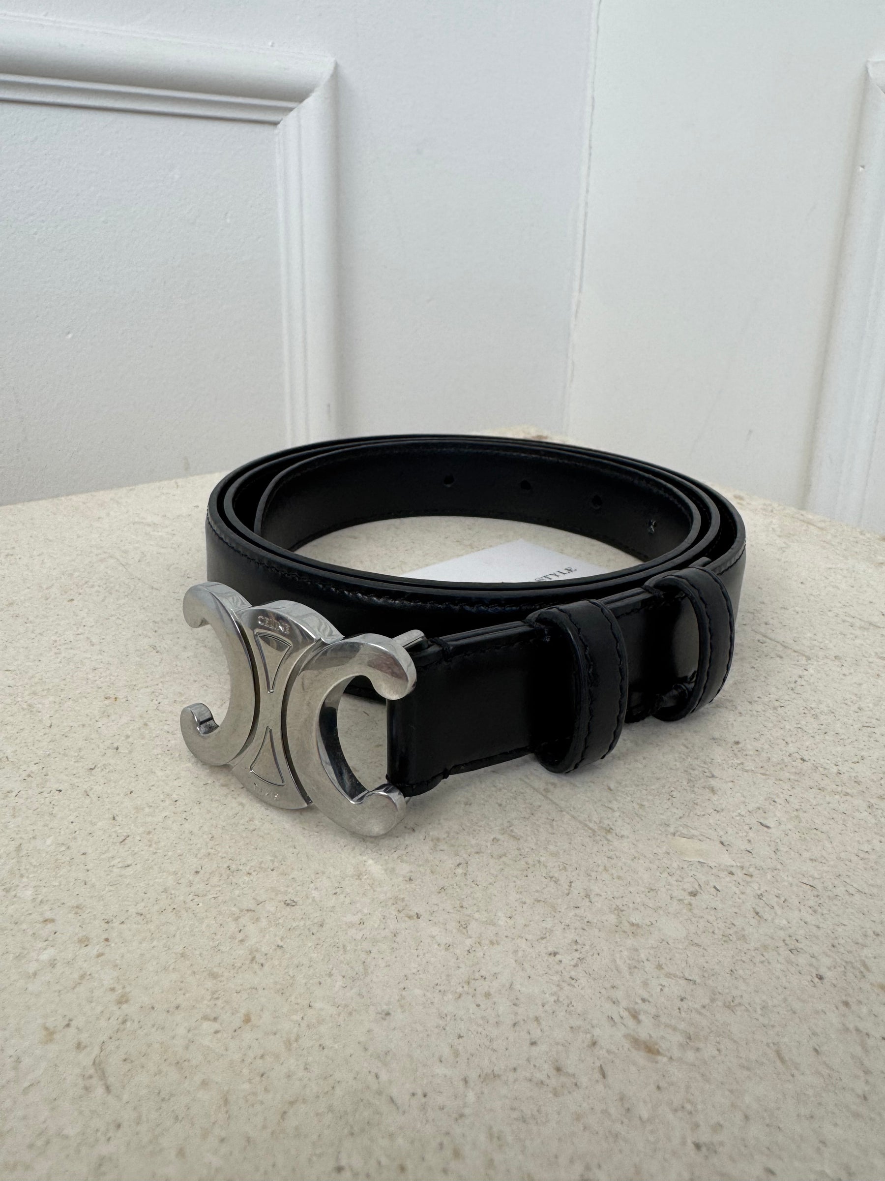 Celine Black Leather Silver Triomphe Belt, 95