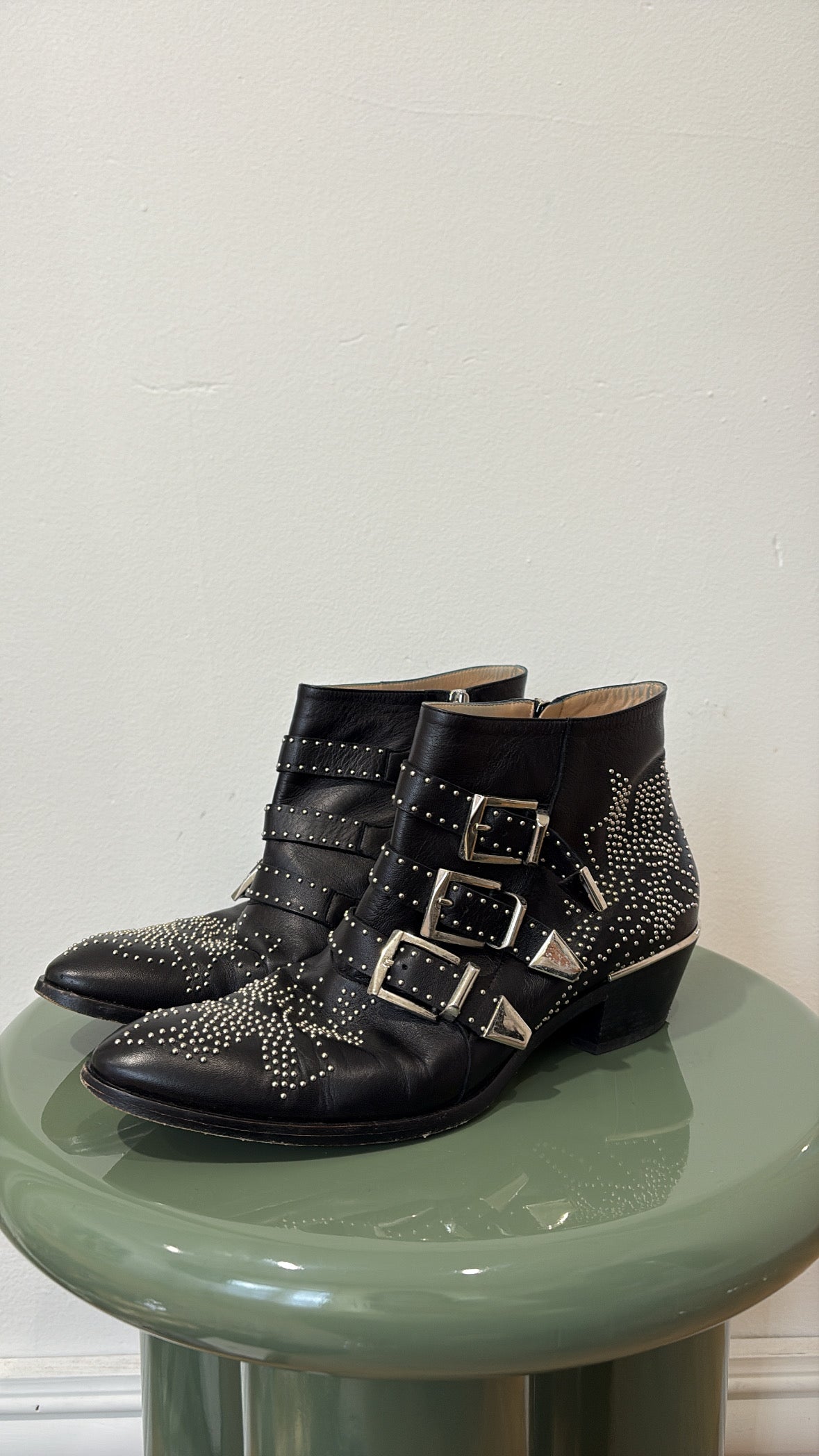 Chloé Black Leather Silver Studded Susanna Boots, 40.5