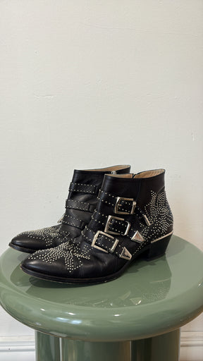 Chloé Black Leather Silver Studded Susanna Boots, 40.5