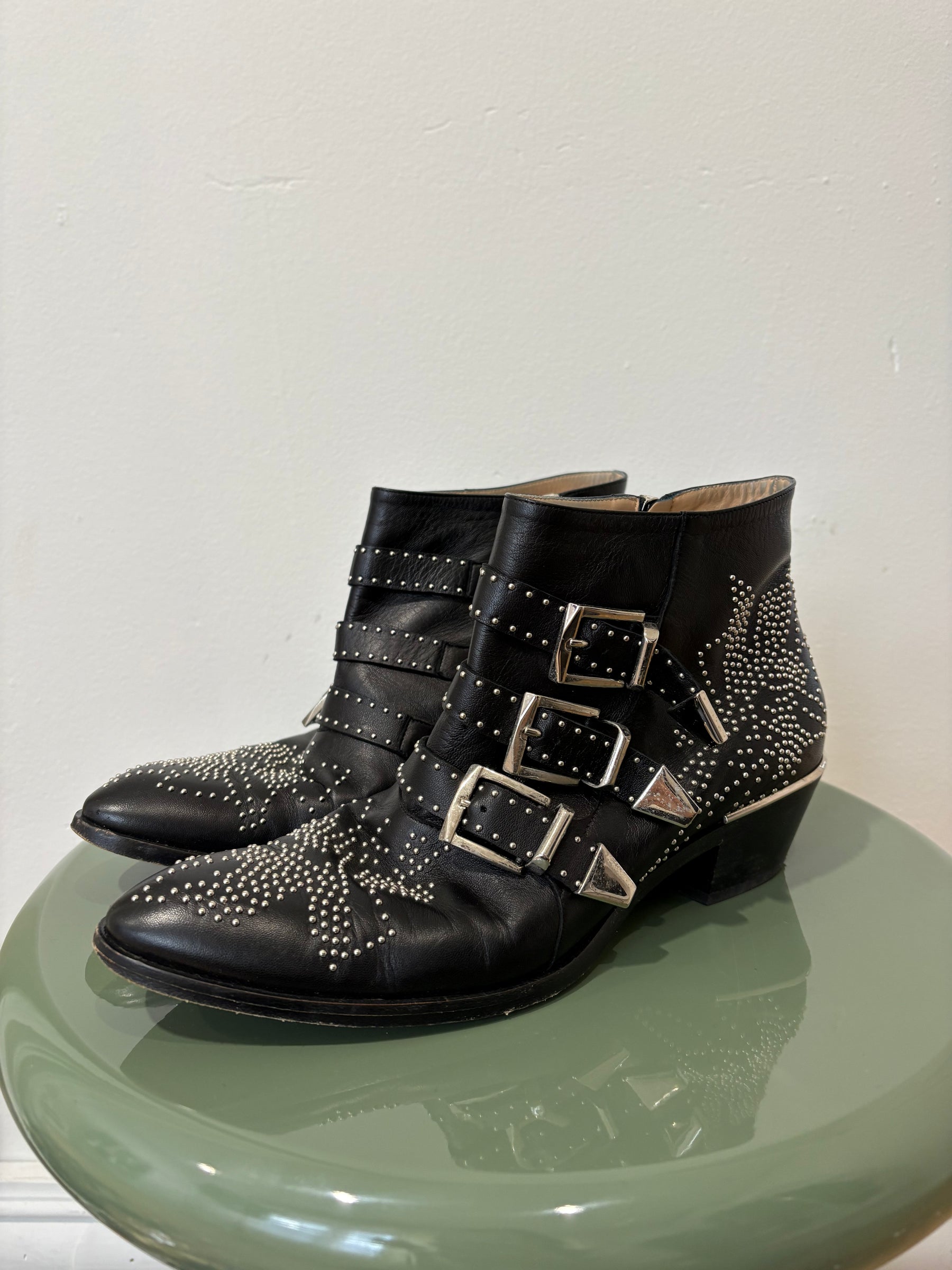 Chloé Black Leather Silver Studded Susanna Boots, 40.5