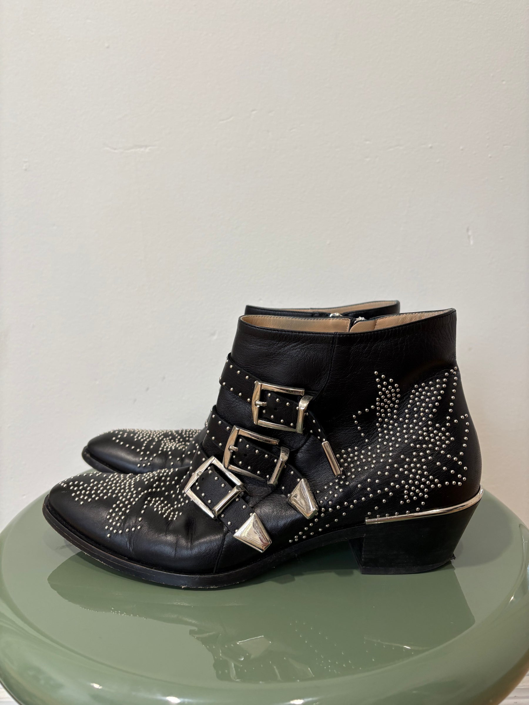 Chloé Black Leather Silver Studded Susanna Boots, 40.5