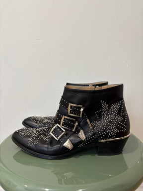 Chloé Black Leather Silver Studded Susanna Boots, 40.5