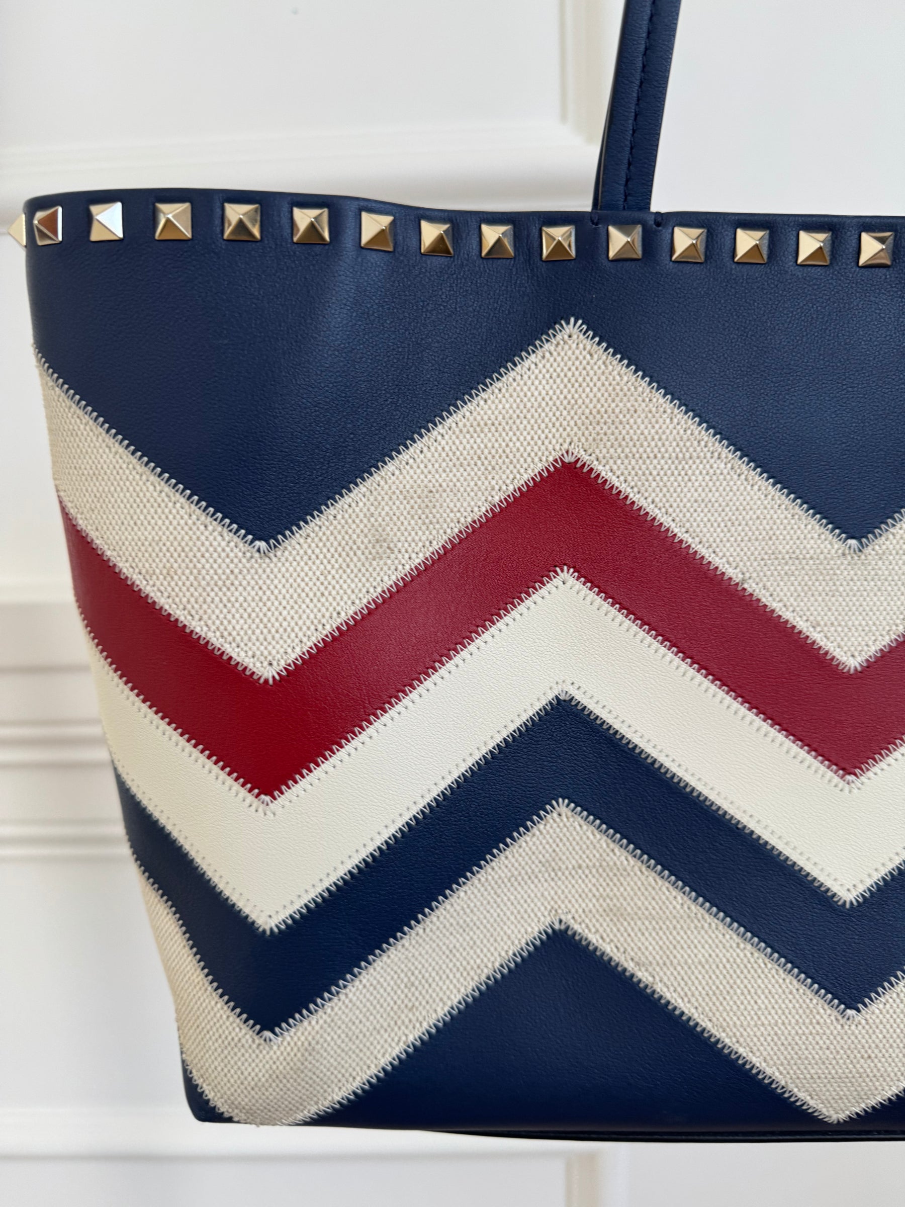Valentino Garavani Navy, Cream and Red Leather and Canvas Zig Zag Tote Bag