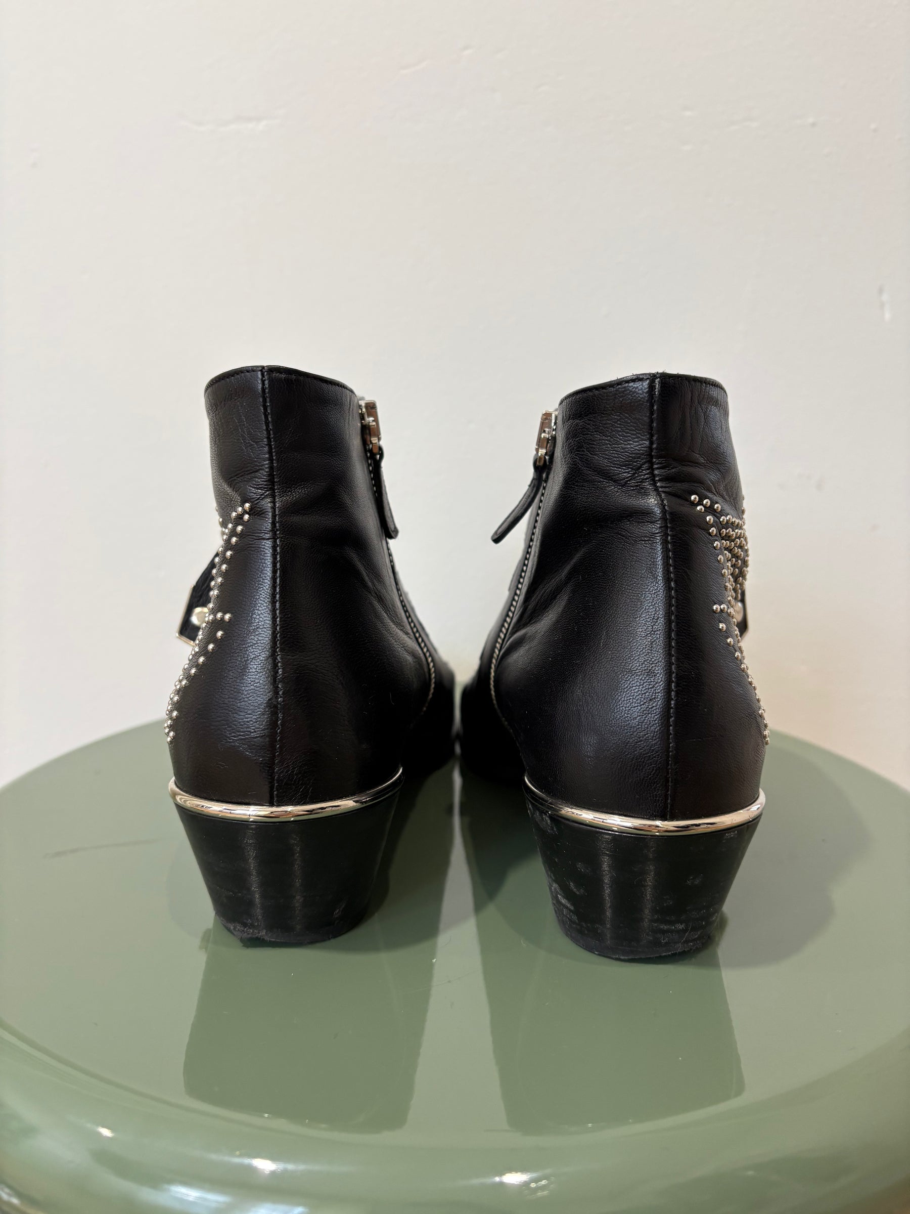 Chloé Black Leather Silver Studded Susanna Boots, 40.5