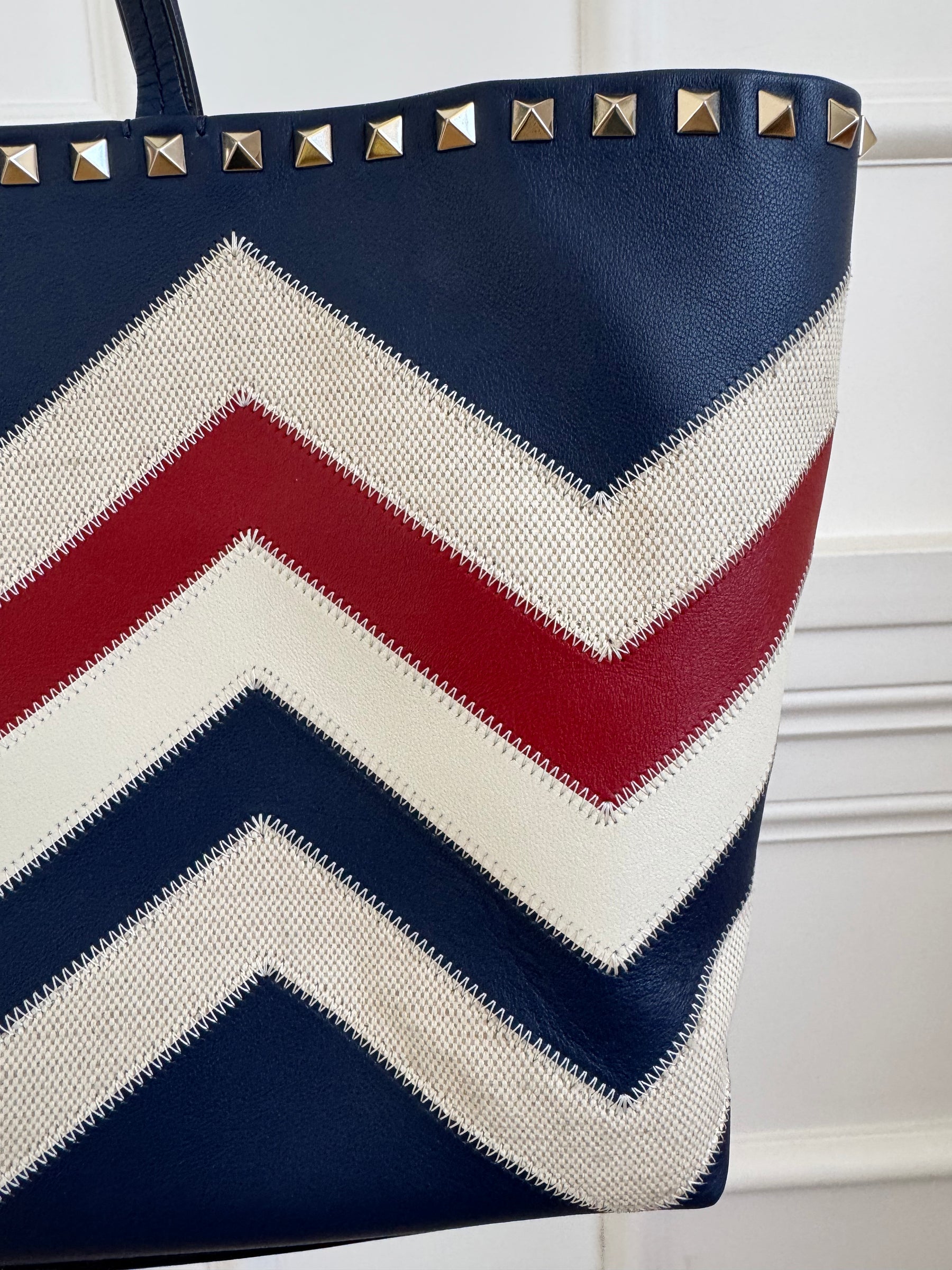 Valentino Garavani Navy, Cream and Red Leather and Canvas Zig Zag Tote Bag
