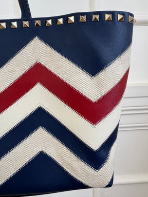 Valentino Garavani Navy, Cream and Red Leather and Canvas Zig Zag Tote Bag