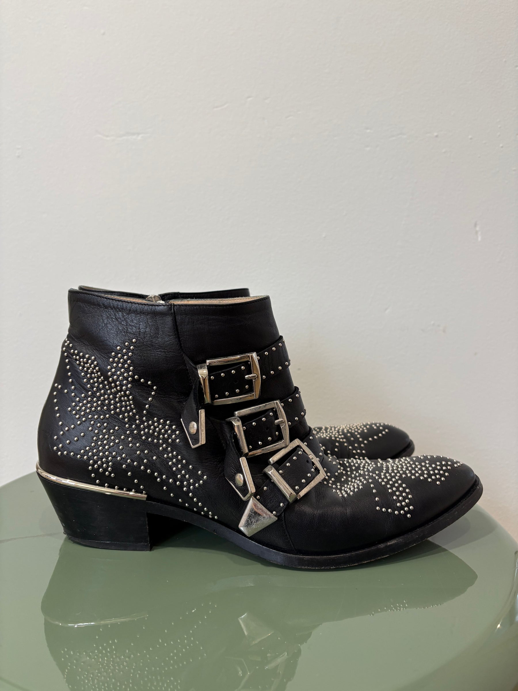 Chloé Black Leather Silver Studded Susanna Boots, 40.5