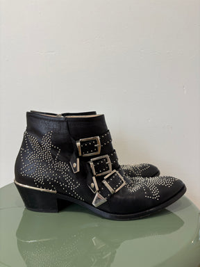 Chloé Black Leather Silver Studded Susanna Boots, 40.5