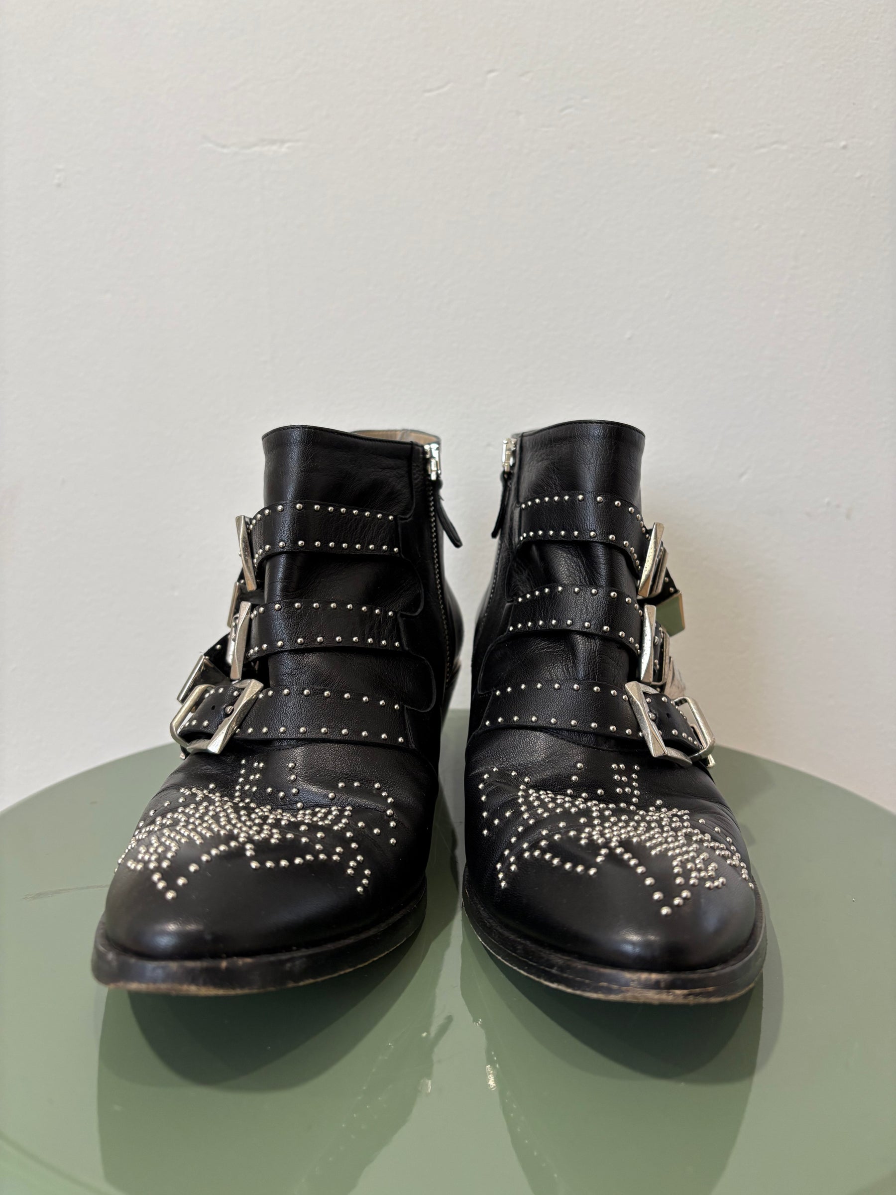 Chloé Black Leather Silver Studded Susanna Boots, 40.5