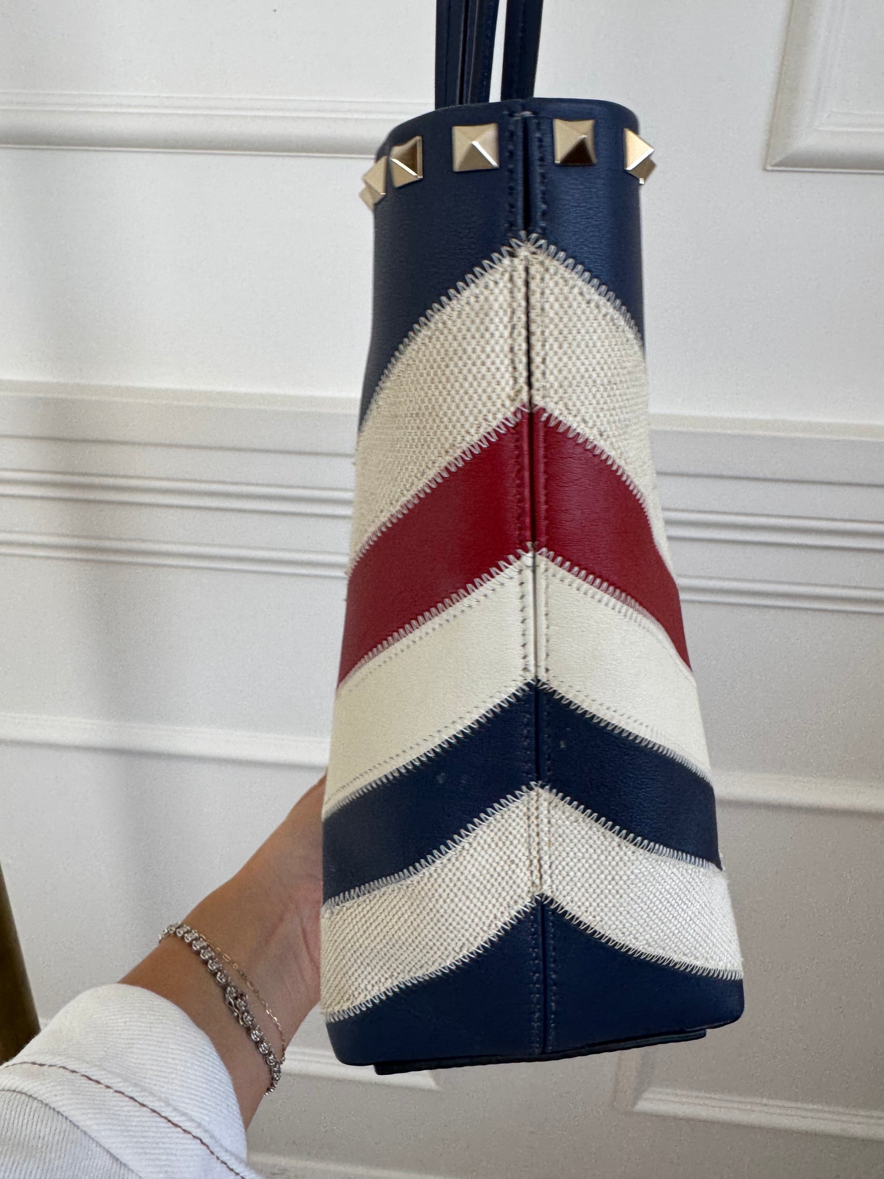 Valentino Garavani Navy, Cream and Red Leather and Canvas Zig Zag Tote Bag