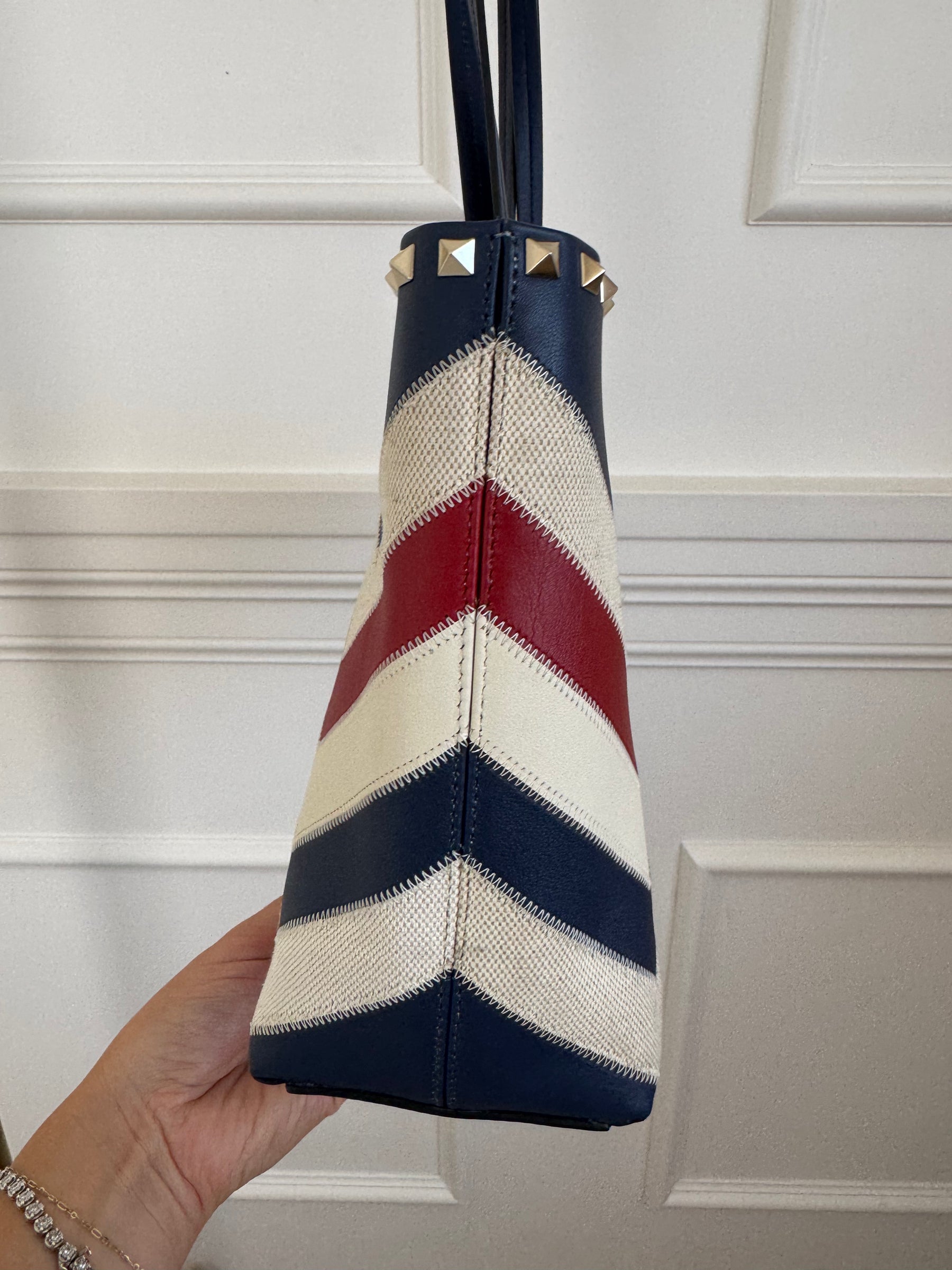 Valentino Garavani Navy, Cream and Red Leather and Canvas Zig Zag Tote Bag