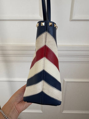 Valentino Garavani Navy, Cream and Red Leather and Canvas Zig Zag Tote Bag