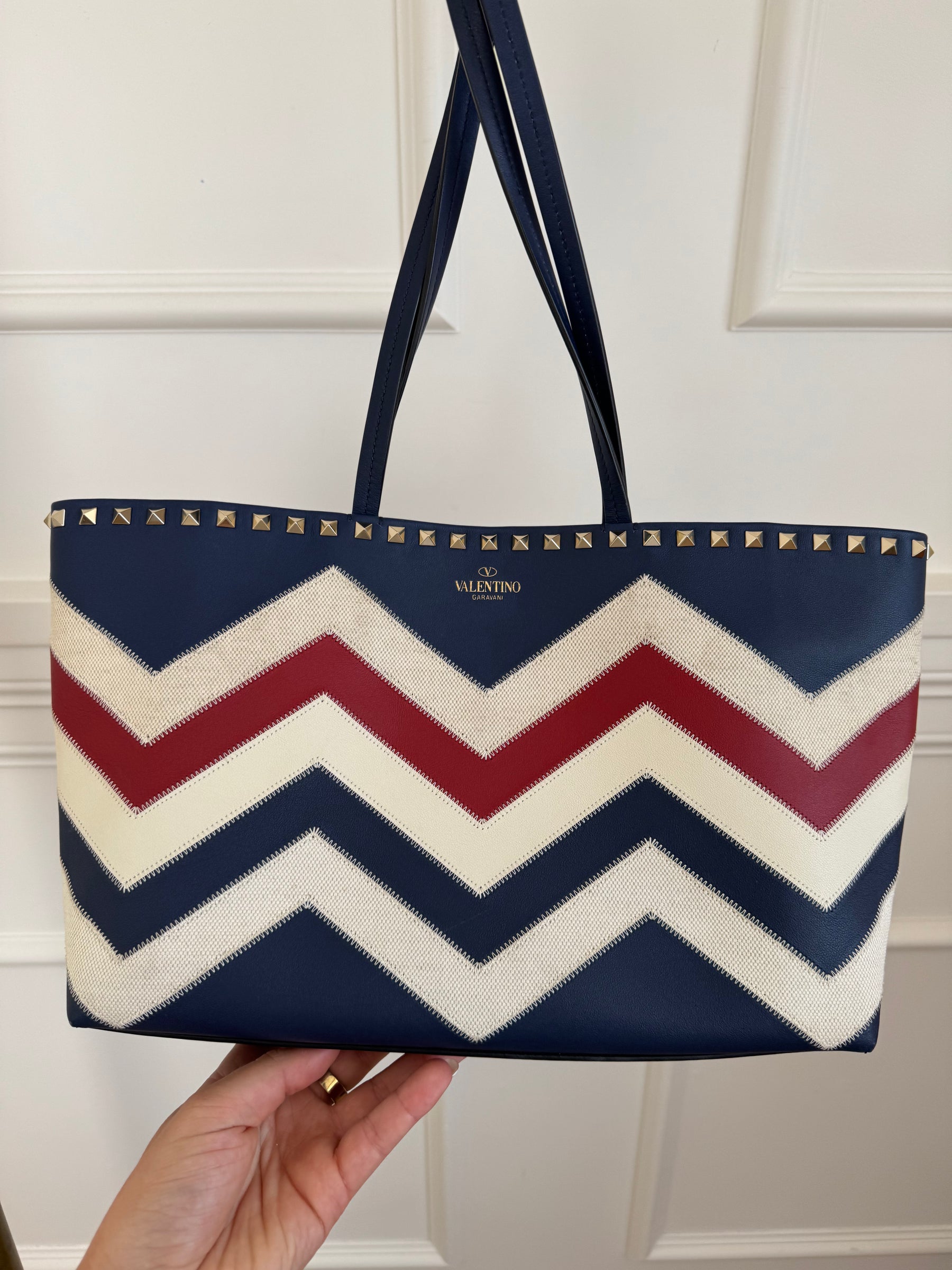 Valentino Garavani Navy, Cream and Red Leather and Canvas Zig Zag Tote Bag