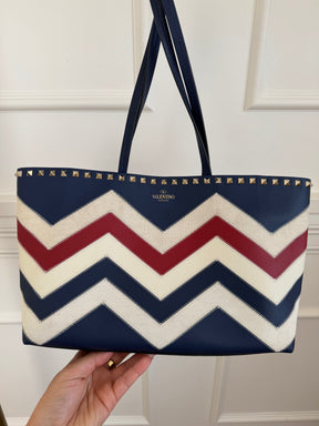 Valentino Garavani Navy, Cream and Red Leather and Canvas Zig Zag Tote Bag