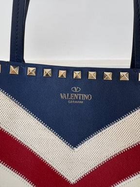 Valentino Garavani Navy, Cream and Red Leather and Canvas Zig Zag Tote Bag