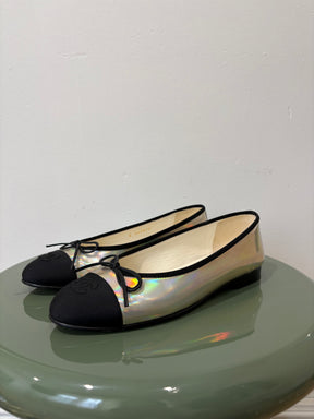 Chanel Silver Irredescent Ballet Flats, 37.5 C