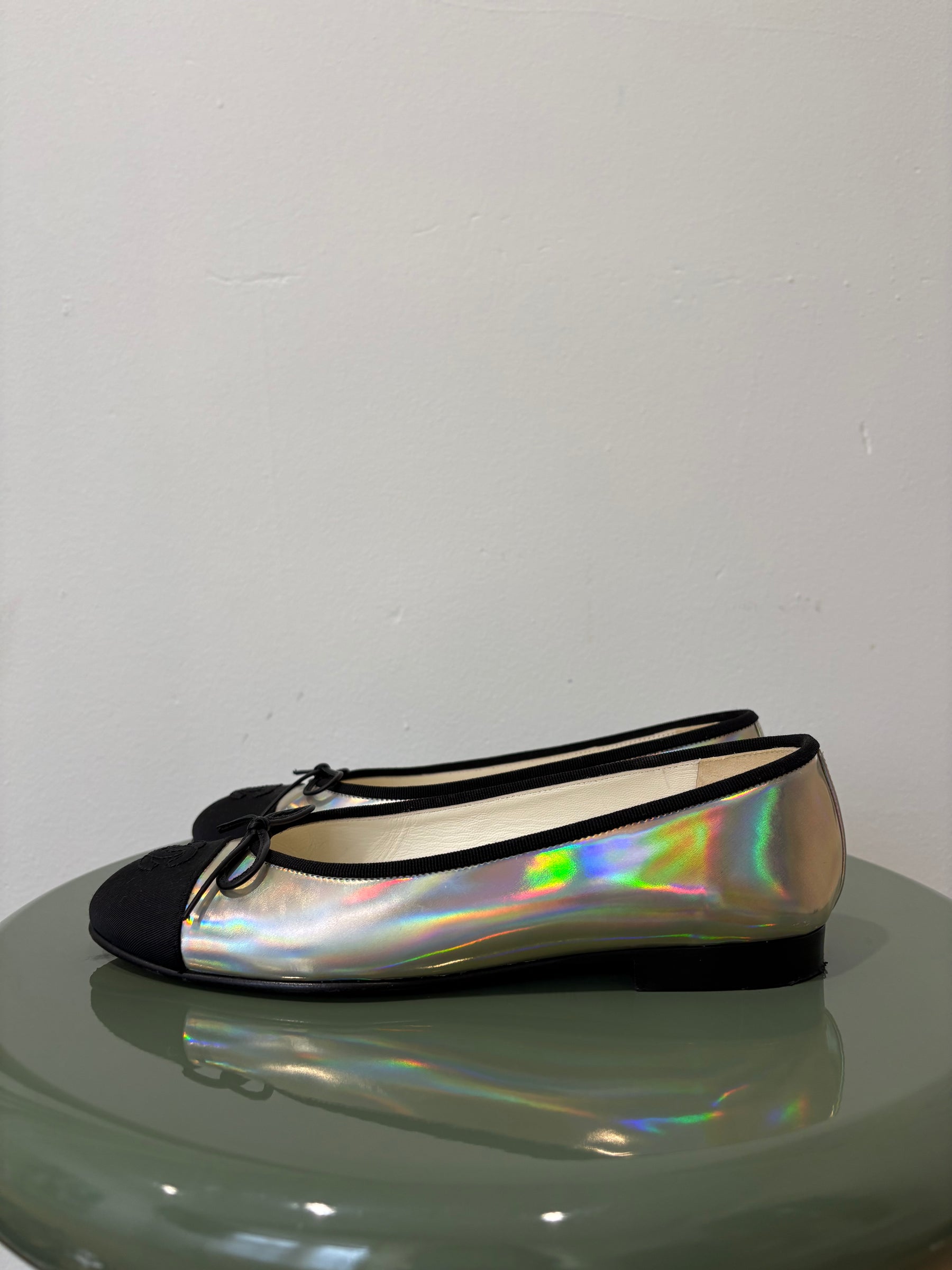 Chanel Silver Irredescent Ballet Flats, 37.5 C